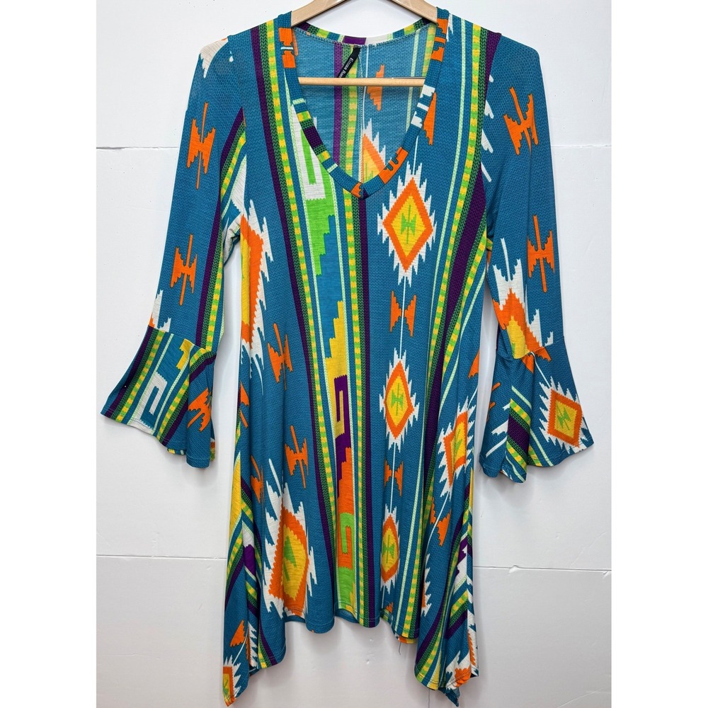 Emma Rose Tunic Dress M Aztec Bell Sleeve Southwest Festival Boho Resort Hippie